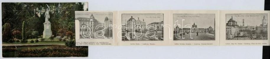 Lviv, Lwów, Lemberg; leporellocard. inside: Theater, tram, Central railway station, automobiles, St....
