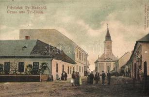 Bán, Trencsénbán, Bánovce nad Bebravou; utcakép, templom. Fuchs Vilmos kiadása / street view, church (lyuk / pinhole)