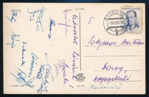 1956 a Dorogi Bányász játékosainak (Laczkó, Fürtös, Turai, stb.) aláírásai Léváról küldött levelezőlapon