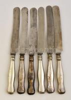 Antik ezüst nyelű kés (6db), jelzett (1867), mesterjeggyel (CSP), Wochenalt pengékkel, h: 26,5 cm
