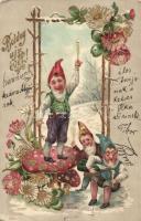 Boldog Újévet! / New Year greeting card, dwarves, mushrooms, champagne. floral Emb. litho (EK)