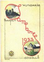 1933 Budapest-Gödöllő, Cserkész Jamboree. Kiadja a Magyar Cserkészszövetség / Hungarian scout jamboree art postcard. s: Szilasi (kis szakadás / small tear)