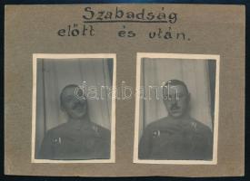 cca 1930-1940 Szabadság előtt és után - katona 2 db humoros fotója, kartonra ragasztva, 5,5x4 cm