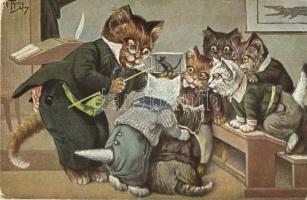 Cat teacher in classroom, cats studying the mouse. TSN. Serie 1879. s: Arthur Thiele (EK)