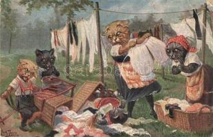 Blinder Eifer schadet nur! / Cats doing the laundry, little cats mess it up. TSN. Serie 1602. s: Arthur Thiele (EB)