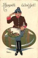 1914 Húsvéti Üdvözlet! / WWI Austro-Hungarian K.u.K. Easter greeting card, military art postcard, soldier with bouquet. Wiener Rotophot Nr. 174. s: Rob (?)