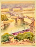 Sostarics Lajos (1896-1968): Margit híd, akvarell, papír, jelzett, kartonra ragasztva, 25,5×19,5 cm