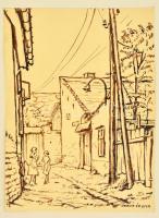 Sostarics Lajos (1896-1968): Óbuda, Ék utca, tus, papír, jelzés nélkül, kartonra ragasztva, 29×21,5 cm