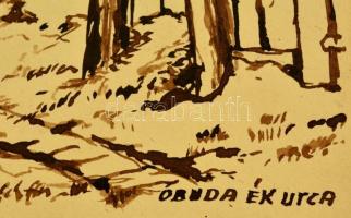 Sostarics Lajos (1896-1968): Óbuda, Ék utca, tus, papír, jelzés nélkül, kartonra ragasztva, 29×21,5 ...