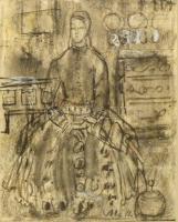 Mattioni Eszter (1902-1993): Ülő nő, vegyes technika, papír, jelzett, paszpartuban, üvegezett fa keretben, 19×15 cm