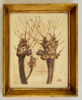 Bolza Marietta (1911-1996): Fák, rézkarc, papír, jelzett a dúcon, üvegezett fa keretben, 15,5×12 cm