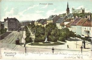 Pozsony, Pressburg, Bratislava; Sétatér, villamos, vár / promenade, tram, castle. Heliocolorkarte von Ottmar Zieher