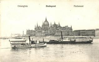 Országház gőzüzemű csavaros személyhajó és Szent István oldalkerekes személyszállító gőzhajó Budapesten a Parlament előtt / Hungarian steamships in Budapest