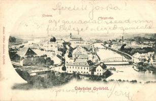 1900 Győr, Újváros, Sziget-rész, zsinagóga, híd, Tolnay Imre üzlete. Berecz Viktor kiadása