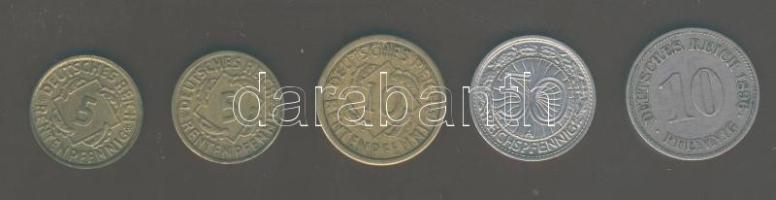 Német Birodalom/Császárság 1896E 10Pf T:3+ + Német Birodalom/Weimari Köztársaság 1923D 5RentenPf T:3+ + 1923D 5RentenPf érdekes tévveret "Reich" szó E betűje jobb oldalán hosszú vonal a peremig! T:2/3+ + 1924A 10RentenPf érdekes tévveret a kalászokat az "A" betűvel két oldalról vonal köti őssze! T:2/3+ + 1927A 50Rpf T:2/3 Összesen 5db!
