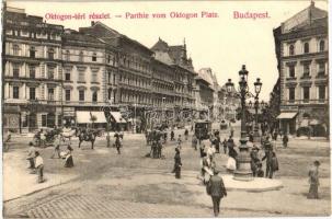 Budapest VI. Oktogon, Komlódi Jakab, Ernyei Lajos és Sokulski üzletei, villamos, Divald Károly 239-1907. (EK)