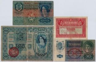 1902. 1000K + 1913. 20K + 1915. 10K + 1917. 2K mindegyik bankjegy felülbélyegzett T:III,III-
