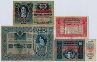 1902. 1000K + 1913. 20K + 1915. 10K + 1917. 2K mindegyik bankjegy felülbélyegzett T:III,III-