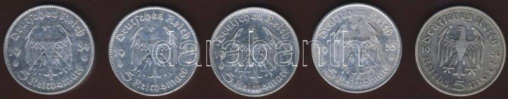 Német 3.Birodalom 1934-35. 5M Ag Garnisonskirche" (4x) + 1936. 5M Ag "Hindenburg" T:2/3