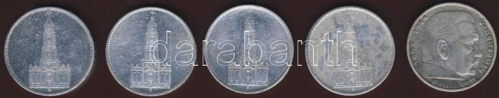 Német 3.Birodalom 1934-35. 5M Ag Garnisonskirche" (4x) + 1936. 5M Ag "Hindenburg" T:2...