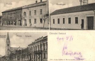 Detta, Ghedu, Deta; Fő utca, Posta hivatal, Gyógyszertár, Római katolikus templom, Scheirich György Fia üzlete. Csókány K. kiadása / main street, post office, pharmacy, church, shops (EK)