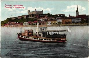 Pozsony, Pressburg, Bratislava; Országház gőzüzemű csavaros személyhajó a várral / Hungarian passenger steamship with castle