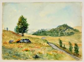Balla jelzéssel: Dombos táj. Akvarell, papír, kis szakadással, 30×40 cm