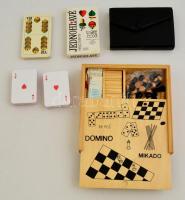 4 pakli francia kártya + 2 pakli magyar kártya + fa dobozban sakk, dominó, dáma, marokkó, jó álalpotban