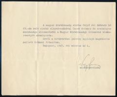 1947 Magyar Köztársasági Érdemrend adományozó-értesítő levél Nagy Ferenc miniszterelnök aláírásával
