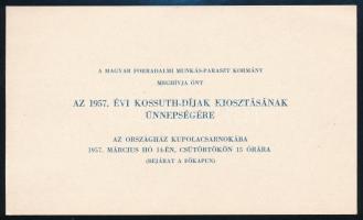 1957 Meghívó a forradalom leverését követő első Kossuth-díj átadó ünnepségére