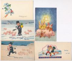 5 db VEGYES malacos újévi mini üdvözlőlap (4 nem képeslap hátoldalú) / 5 mixed New Year greeting art mini motive cards with pigs (4 non PC)