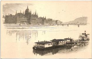 Budapest - 3 db modern rézkarc képeslap, 1 kihajtható / 3 modern etching postcards (1 folding card)