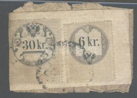 1860. 10Kr korabeli érdekes javítással hátoldalra okiratkivágás ragasztva 2db okmánybélyeggel T:javítva