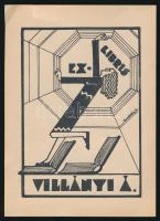Dinnyés Ferenc (1886-1958): Art deco ex libris, Villányi Á. Fametszet, papír, jelzett a dúcon, 11×8 cm.
