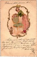 Lady with chair. golden Emv. Art Nouveau, litho (EK)