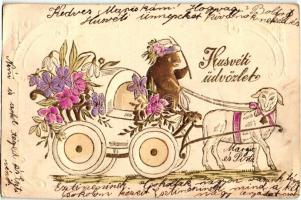 Húsvéti üdvözlet / Easter greeting art postcard, lamb drawn cart with chicken, golden Emb. (EK)