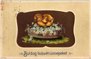 Boldog húsvéti ünnepeket! / Easter greeting art postcard, chicken. Emb. litho