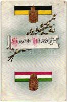 Húsvéti üdvözlet! / Military Easter greeting art postcard, Viribus Unitis, German and Hungarian flags (EK)