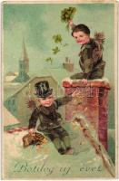 Boldog Új évet! / New Year greeting art postcard, chimney sweepers with clovers. G.G.K. No. 899. litho  (EK)