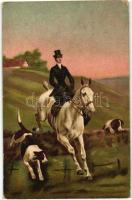 Hunter lady with hunting dogs, litho