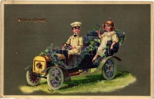 Boldog Újévet! / New Year greeting art postcard, children in automobile. floral, litho (EK)