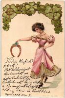 Lady with horse shoe and clovers. Greeting art postcard, golden litho