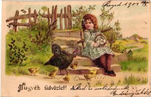 Húsvéti üdvözlet! / Easter greeting art postcard, girl with chicken. golden litho