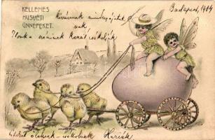Kellemes húsvéti ünnepeket! / Easter greeting art postcard, children fairies on chicken drawn egg cart. golden Emb. litho