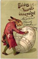 Boldog húsvéti ünnepeket! / Easter greeting art postcard, rabbit with egg. golden Emb. litho