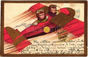 Italian art postcard. Children in aircraft. Degami 2199. artist signed