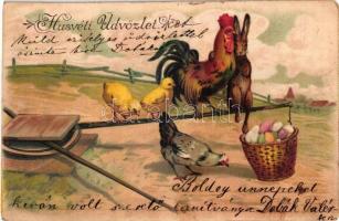 Húsvéti üdvözlet! / Easter greeting art postcard, chicken, rosster, rabbit. Emb. litho