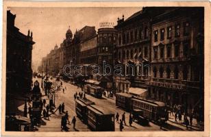 Budapest VII. Rákóczi út, villamosok, Hotel Orient szálloda, Emke kávéház, Törekvés takarékpénztár rt., Corvina általános biztosító (EB)