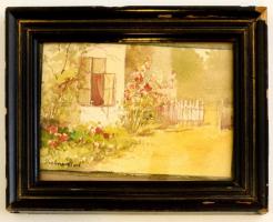 Gerhardtné jelzéssel: Házudvar. Akvarell, papír, üvegezett keretben, 10×15 cm