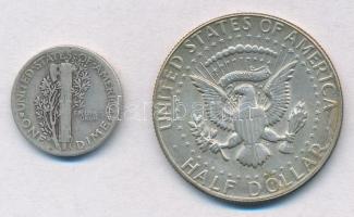 Amerikai Egyesült Államok 1938. 1d Ag + 1969. 1/2$ Ag "Kennedy" T:2,2-
USA 1938. 1 Dime A...